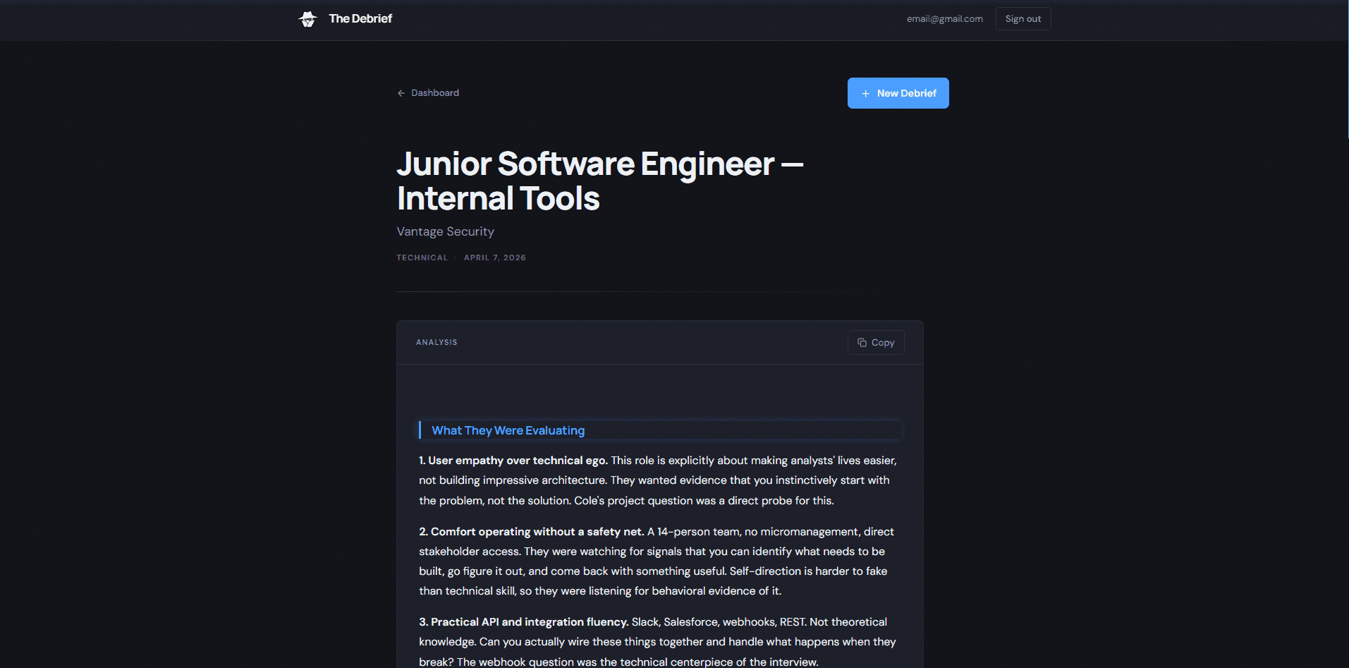 The Debrief — analysis view